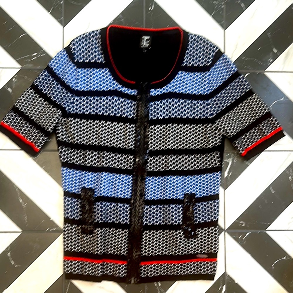 Tricot Made in Italy Multicor Striped Sequence Zip Up Short Skeeve Sweater L